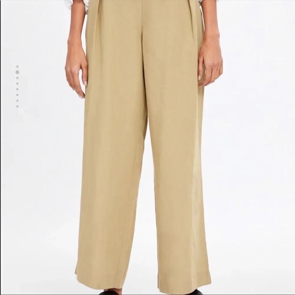 ZARA High Waisted Linen Wide Leg Pants Camel Tan M